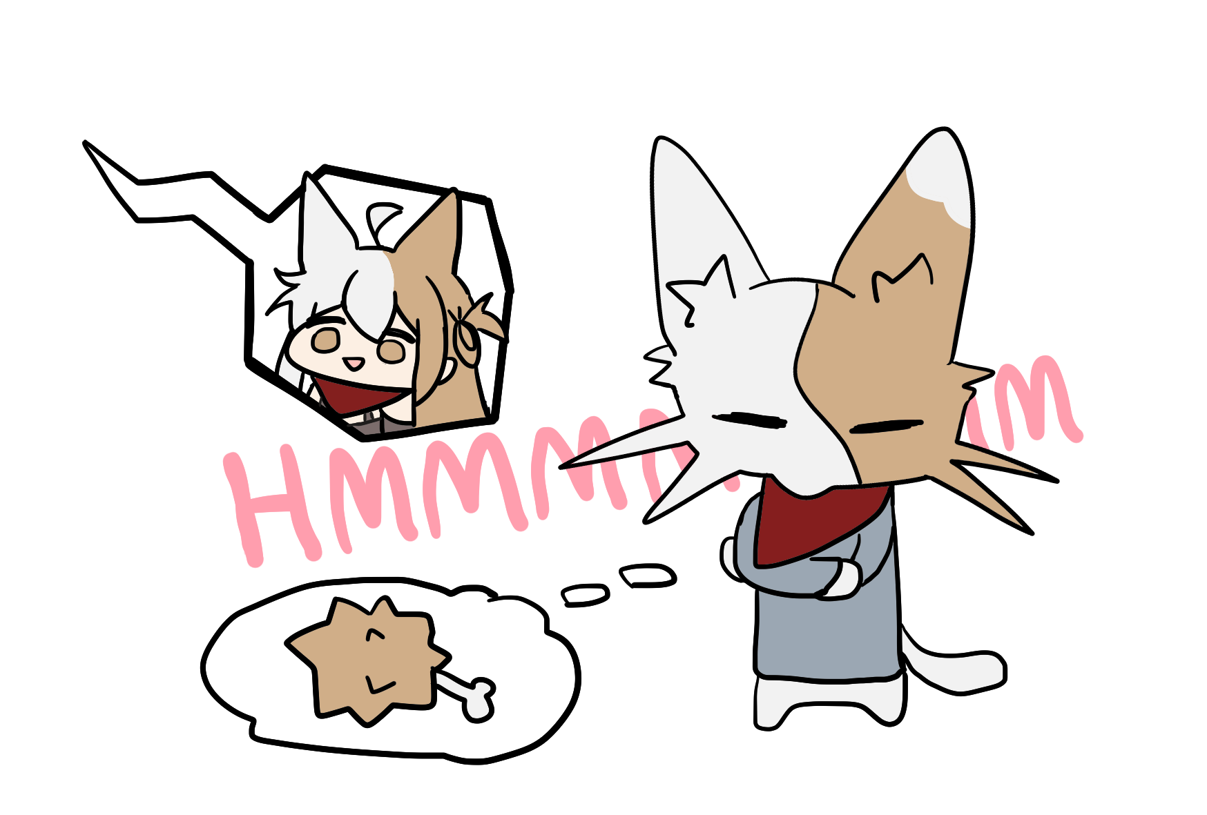 腕を組んで目を閉じ「HMMM」と唸るアジー。頭の中の吹き出しにはフライドチキンが一つだけ。上の画面では Chrispa がカメラに向かって楽しそうに話している。